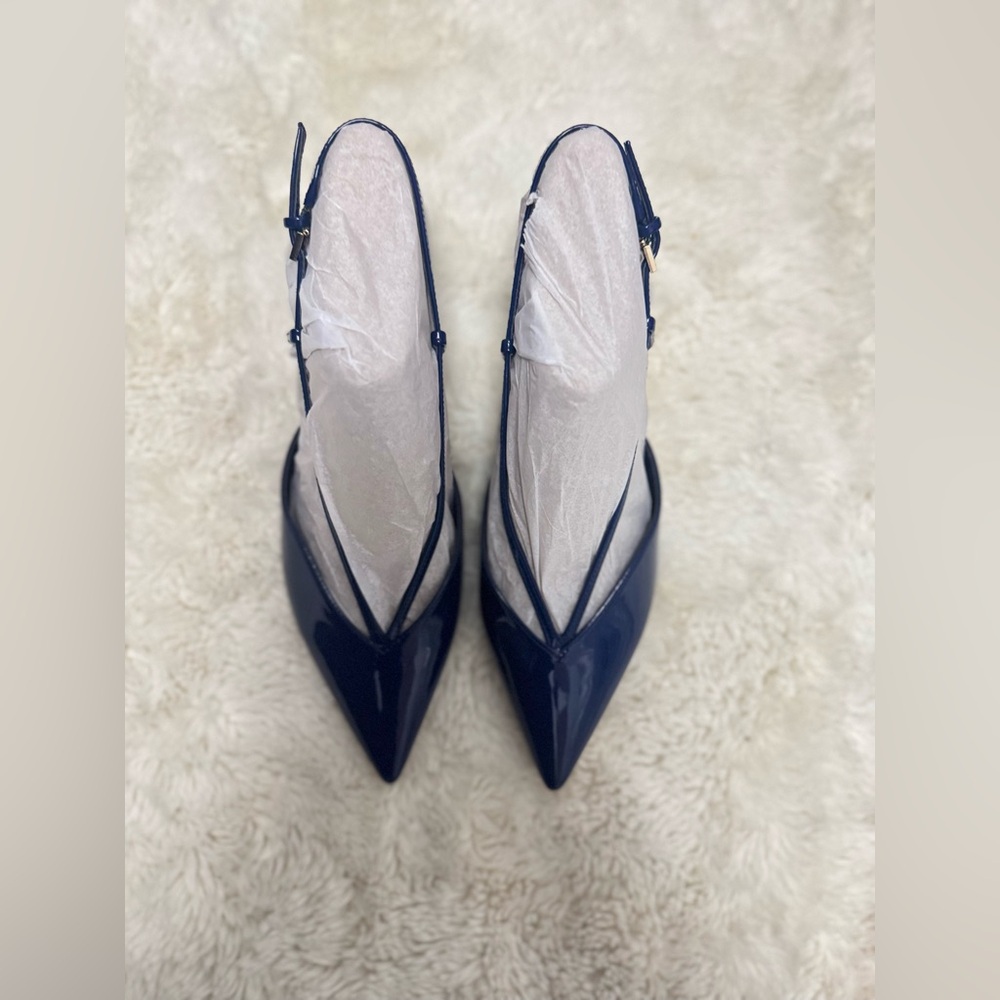 Marc Fisher Navy Patent Pointed Slingback Heels